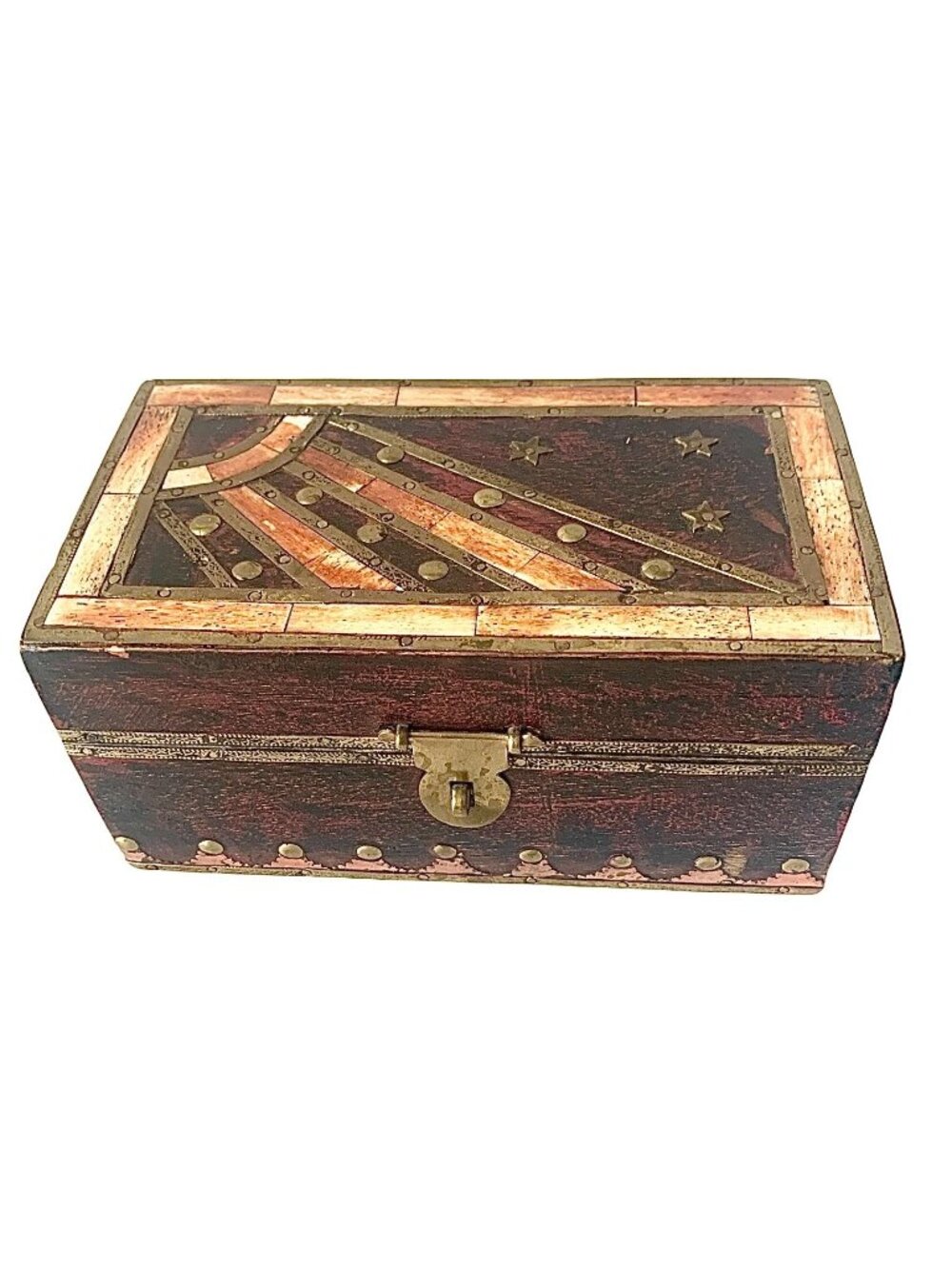 Handcrafted Wooden Box With Bone & Brass Inlays Decorative Lid Rustic Finish